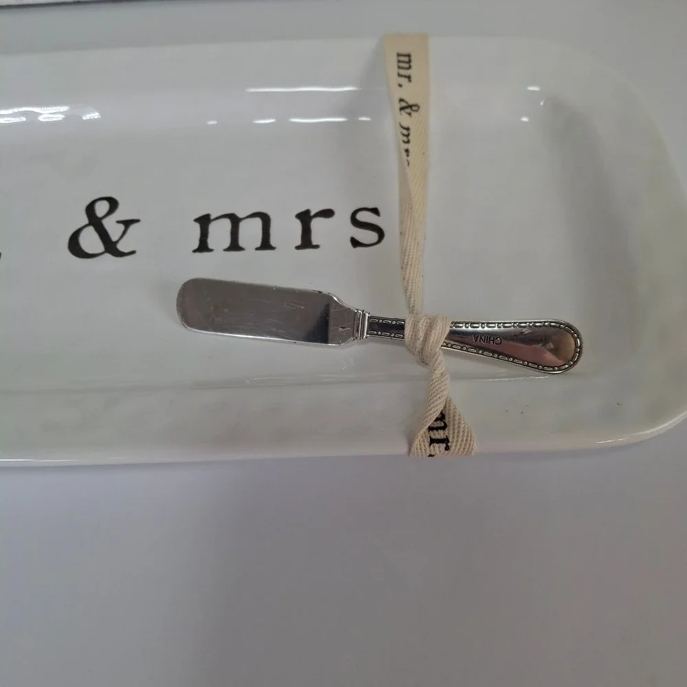 Mud Pie Mr Mrs Ceramic‎ Serving Tray with Spreader Wedding Bridal Shower Gift